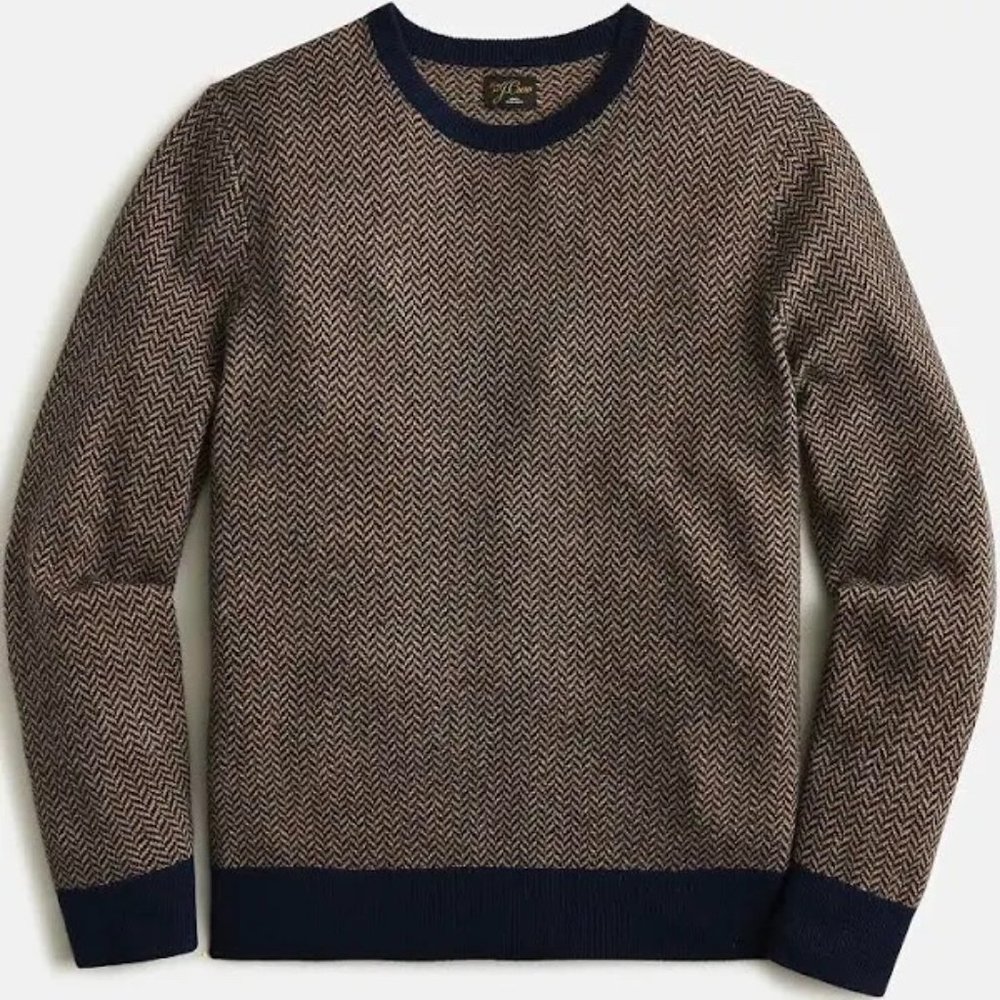 J Crew 100% Cashmere Herringbone Jacquard Crewneck Sweater in Tan & Blue Size L